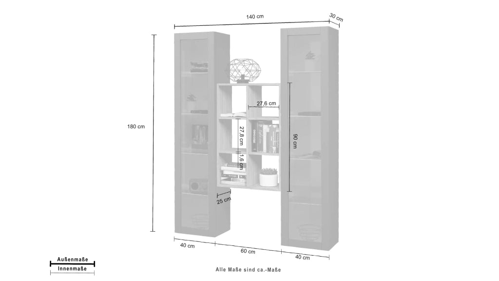 Parete attrezzata sospesa grigia libreria in legno 2 vetrine Kesia RT