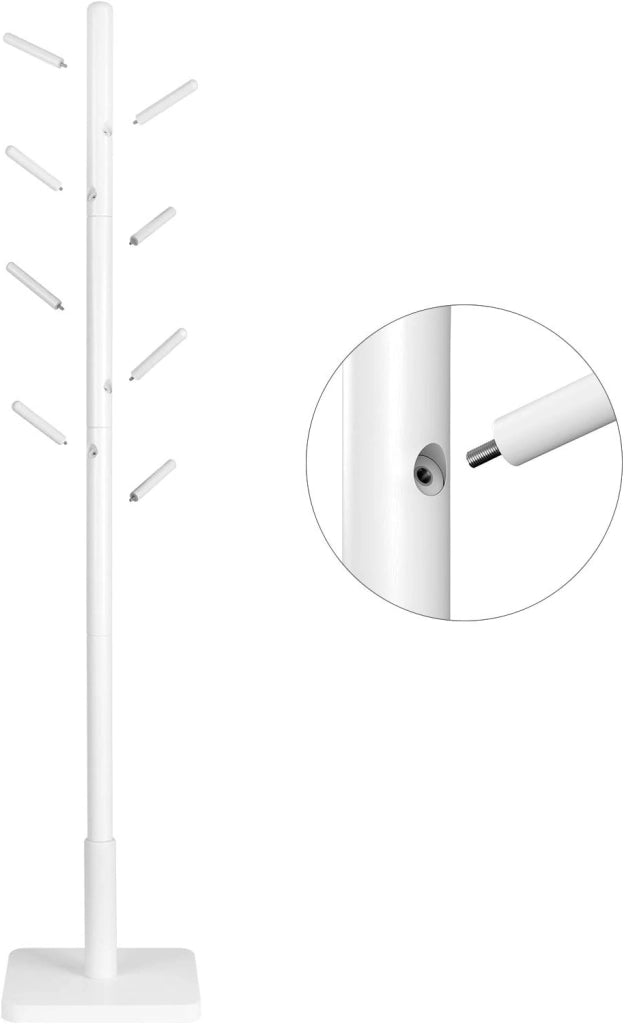VASAGLE Attaccapanni, Set da 2, Appendiabiti da Terra in Legno, 8 Ganci, per Cappotti Cappelli Borse, per Ingresso, Ganci e Palo in Legno di Gomma, Bianco Nuvola RCR210W02
