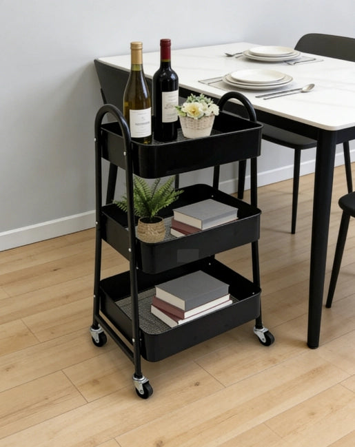 Carrello Multiuso 44,5x30,5x78,5 cm Nero in Acciaio al Carbonio a 3 Ripiani con Ruote 360°