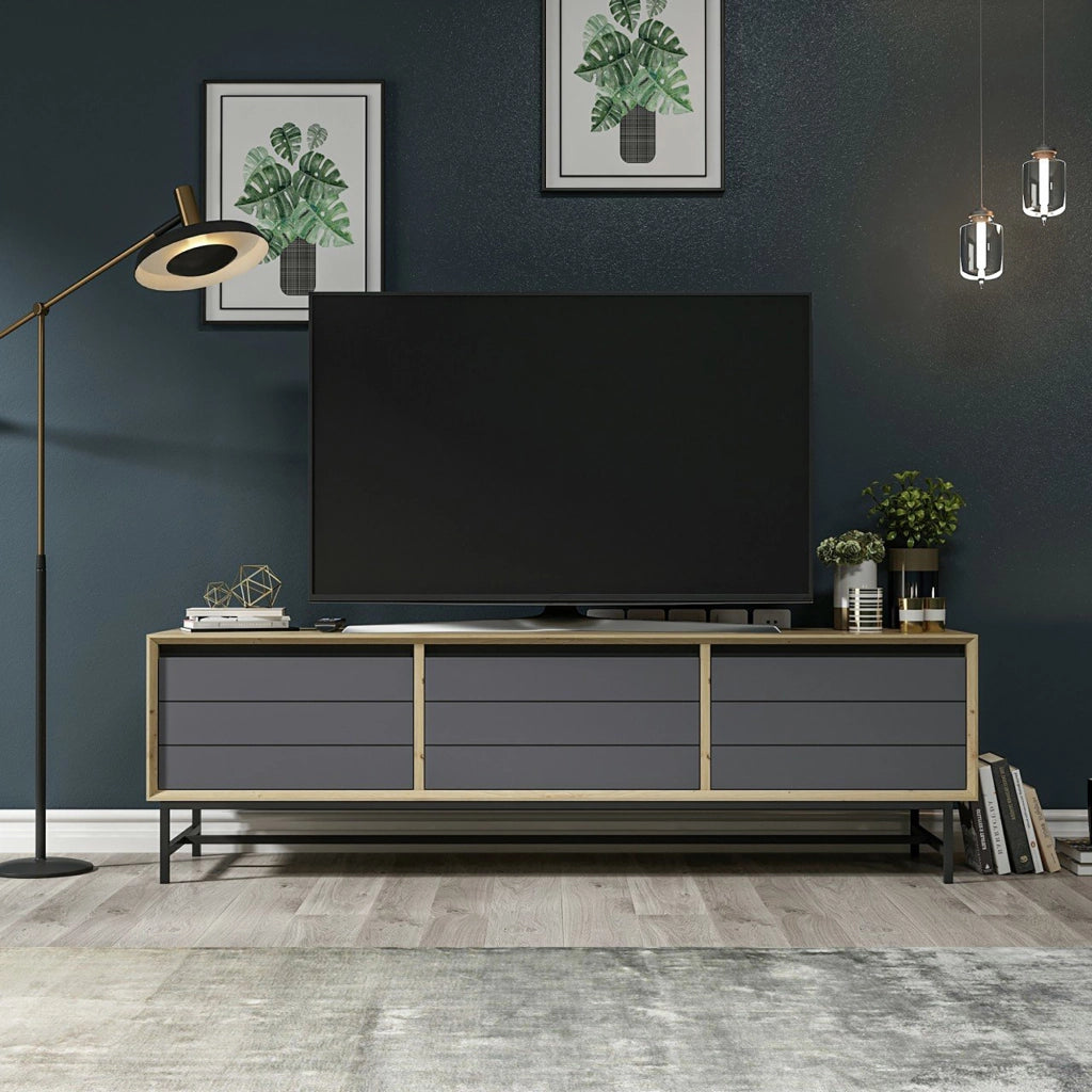 Mobile Basso Porta TV 'Gørlev' Armadietto con 3 Ante a Ribalta - Rovere Artisan / Antracite [en.casa]