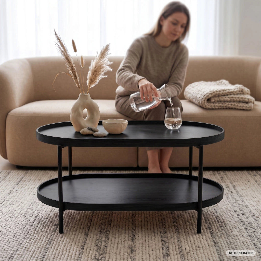 Tavolino da salotto stile loft CORTADO 90 cm ovale con ripiano nero gambe nere