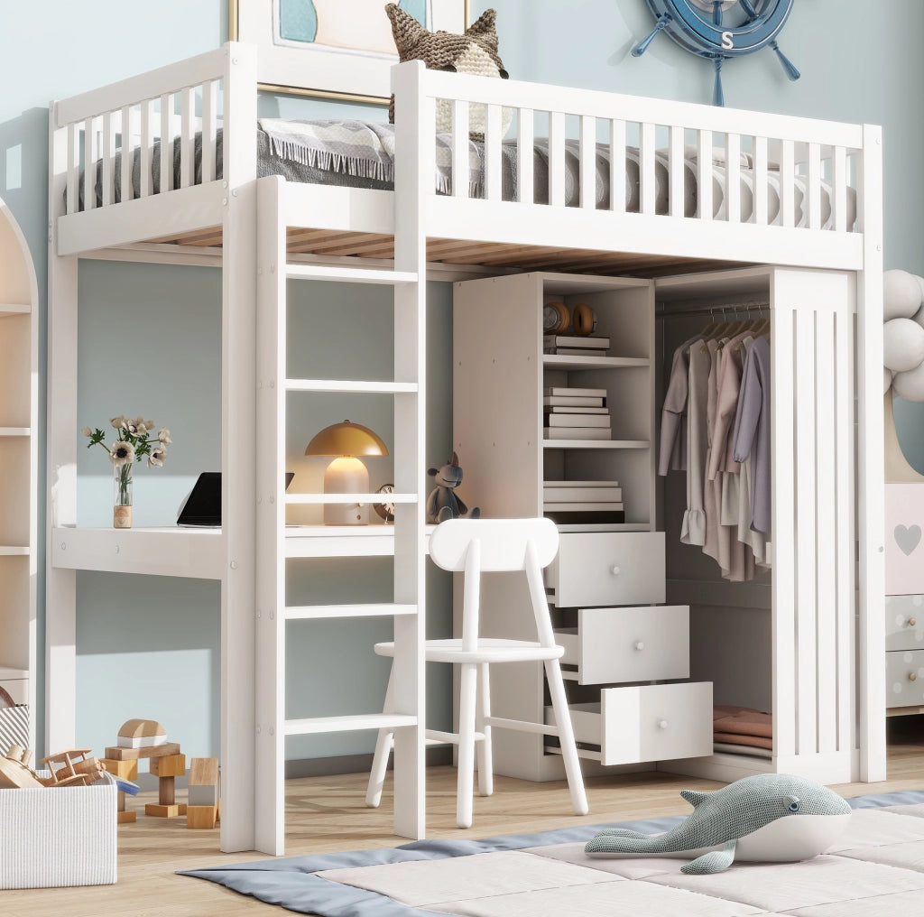 Letto a soppalco 90x200 cm bianco con scrivania e armadio