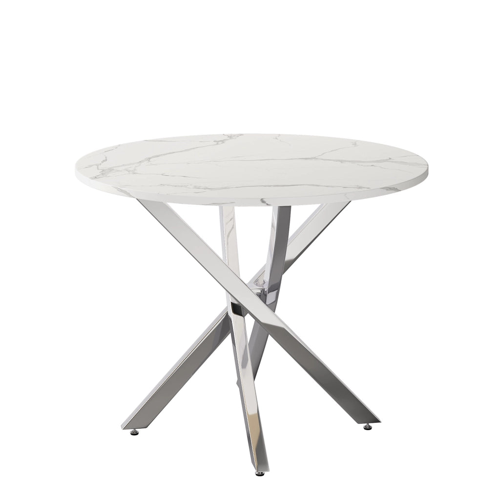 Tavolo rotondo 80 cm in MDF effetto marmo; gambe cromate argento; bianco e argento