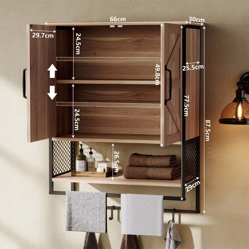Mobiletto da bagno a parete in stile loft rustico con appendiabiti, marrone chiaro