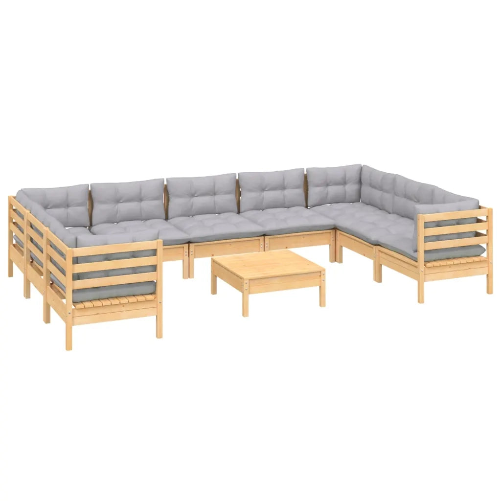 Set Divani da Giardino 10 pz con Cuscini Grigi Massello di Pino 3097324