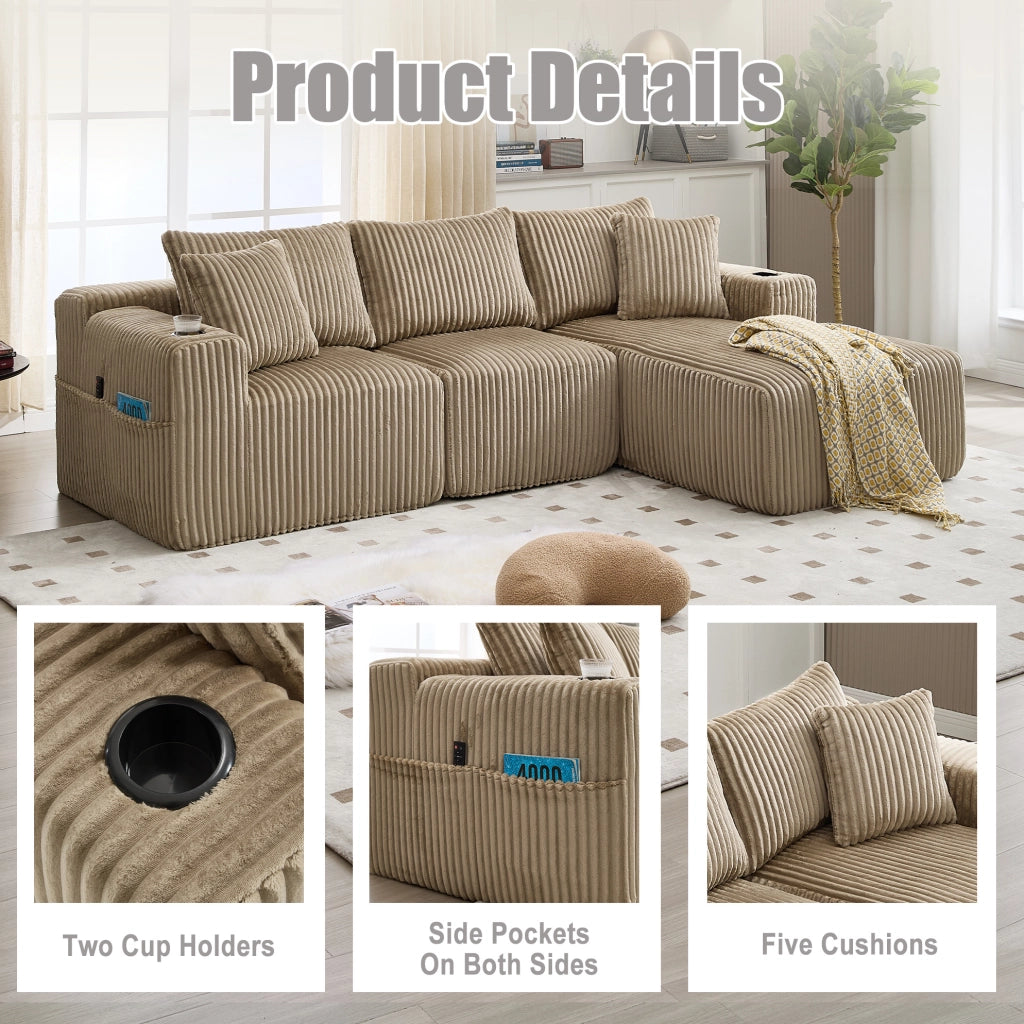 Divano modulare ULEVR con chaise longue e modulo 2 posti, 5 cuscini, portabevande e tasche laterali, velluto a coste kaki