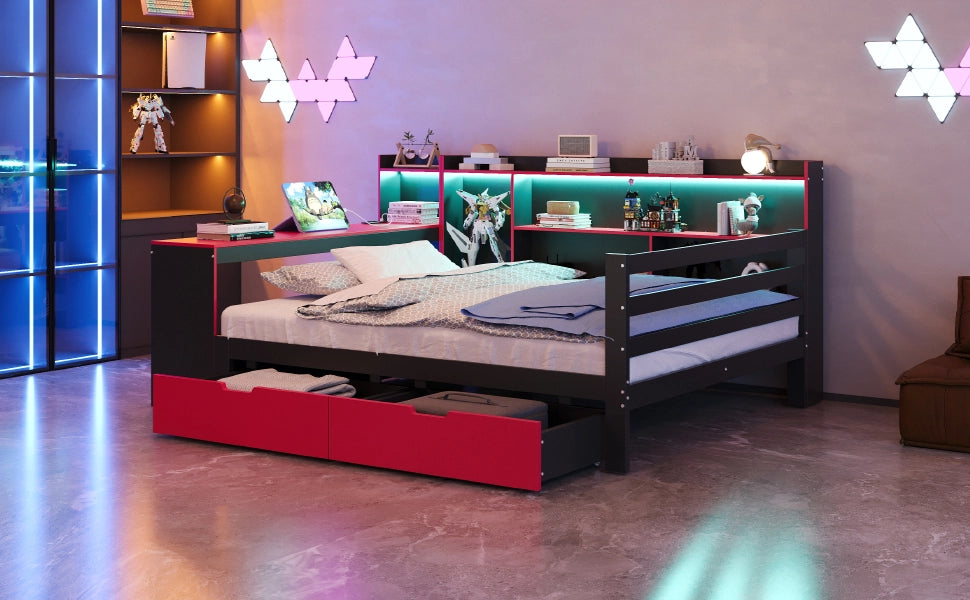 DESMIU Lit combinato 140 × 200 cm 2 posti con scrivania, ripiani, cassetti, LED, USB e presa, senza materasso, in legno, nero rosso