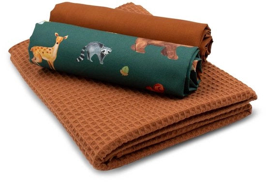 Set di stoffe wafelpiqué e cotone, tessuto wafel 100% cotone Tex Standard 100, colore digitale verde scuro, Set 72