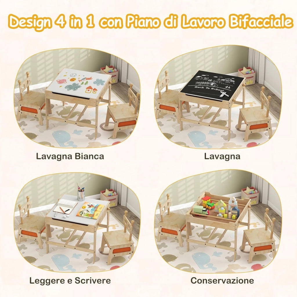 4 in 1 Set Tavolo e Sedie per Bambini 3+ Anni, Tavolo in Legno con Lavagna Reversibile Bianca e Nera, Sedie Ergonomiche con 2 Cassetti Portaoggetti, Ideale per Arti, Mestieri e Giochi (Robot)