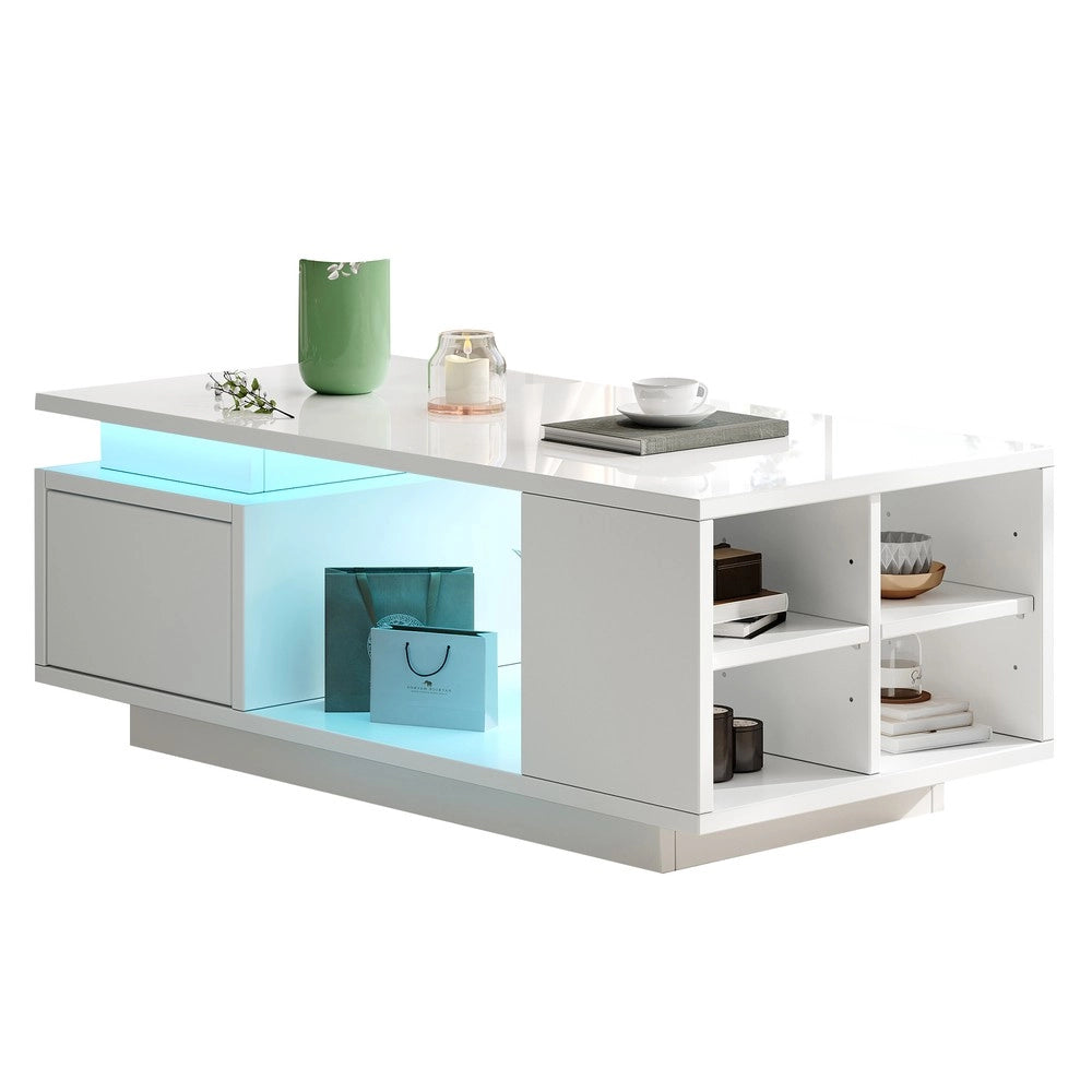 Tavolino da Caff¨¨ con Cassetto e LED ¨C MINIMAL ¨C Bianco Lucido, 100x50x36