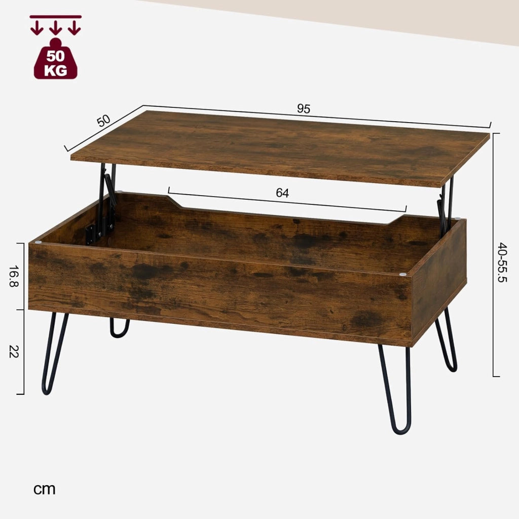 WOLTU Tavolino da Salotto, Tavolino da Caffè Sollevabile, con Scomparto Nascosto, Stile Industriale, 95x50x(40-55,5) cm, Marrone Rustico + Nero