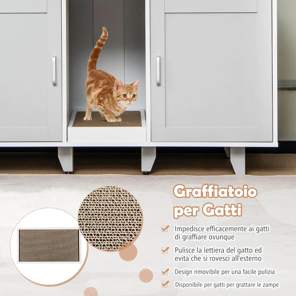 Mobile per Lettiera per Gatti 120 x 52 x 65 cm, Casetta per Gatti con 2 Ante, Fori, Tiragraffi e Gambe Staccabili, Mobile Versatile e Moderno per Salotto (Bianco e grigio)