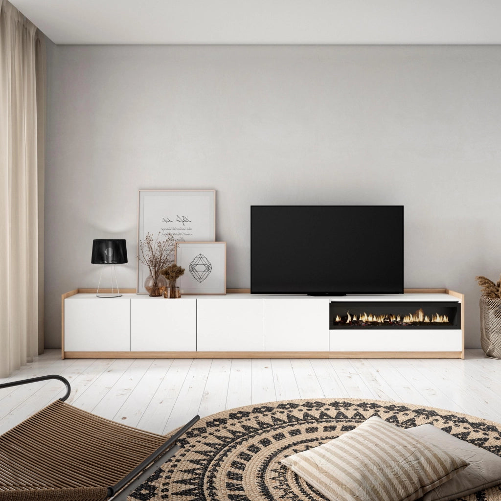 Mobile TV Soggiorno, 310x50x37 cm, Per TV fino a 80", Camino elettrico, Bianco e Rovere soft