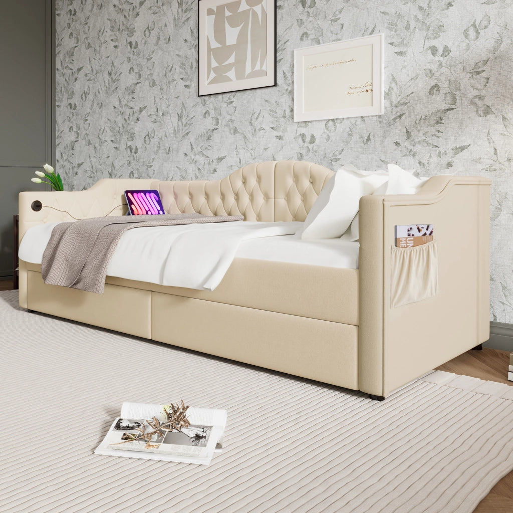 DESMIU Divano letto 90 × 200 cm 1 posto con 2 cassetti, USB, Type-C e senza materasso, in velluto beige