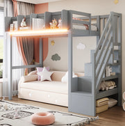 Letto a soppalco ULEVR 90x200 cm con LED, barriera di sicurezza, vani portaoggetti e scala, grigio