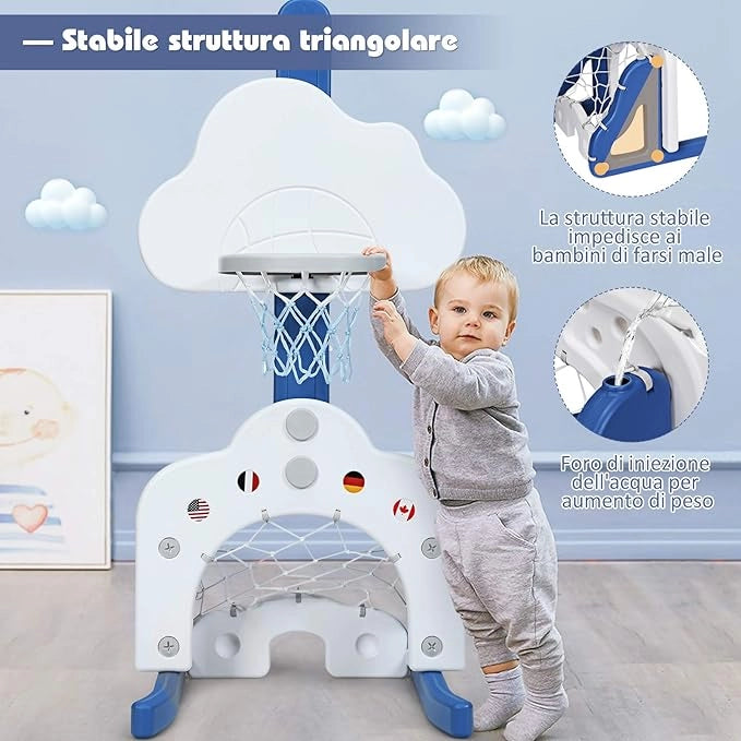Basket per Bambini Centro attività Multifunzione - Palla Canestro, Calcio e Golf, Mazza da Golf e Palle incluese, per Bambini, Altezza Regolabile (Nuvola Bianca)