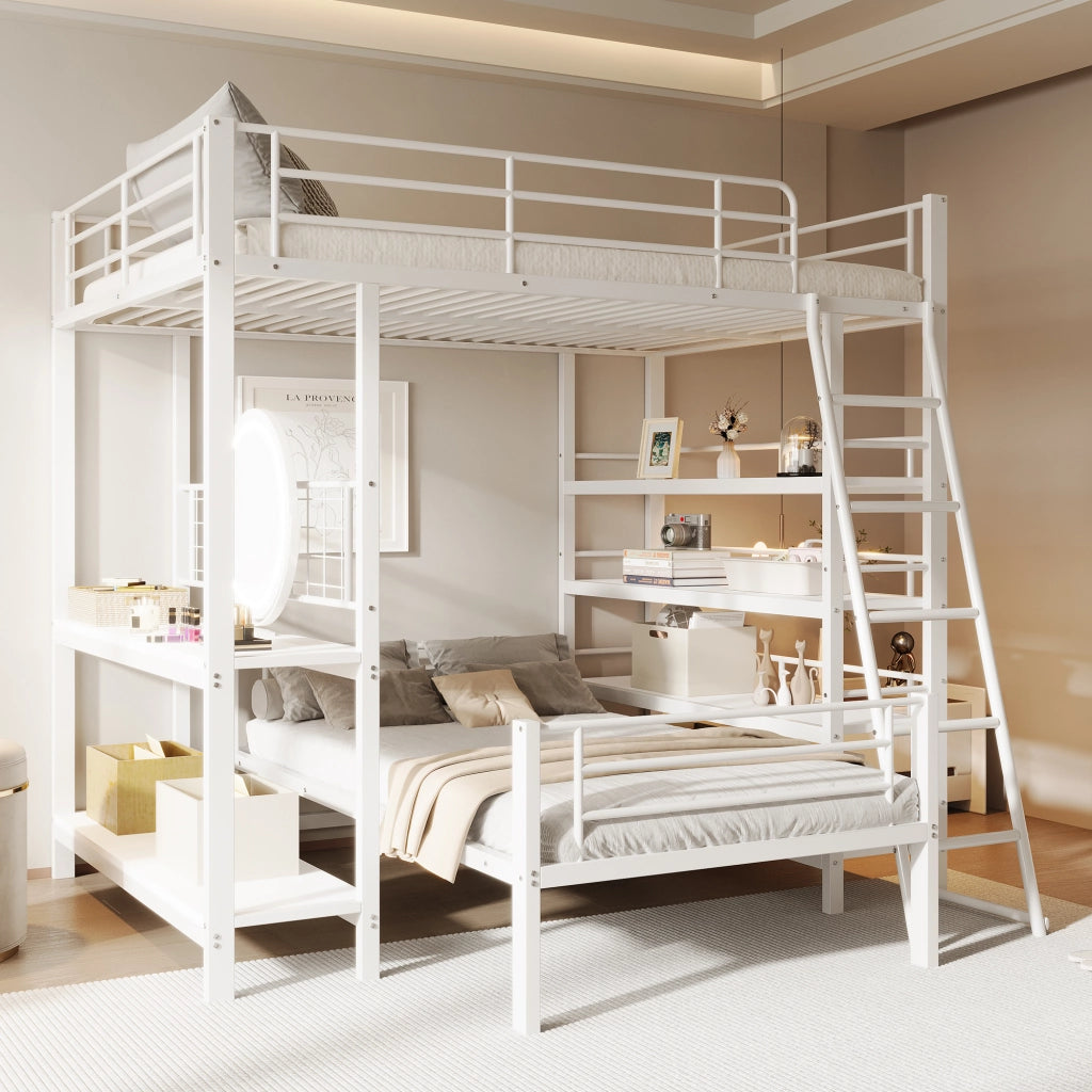 OKWISH Letto a castello 140×200 cm e 90×200 cm, Letto 3 Posti con Mensole, Divisibile in 2 Letti, senza Materasso, Metallo, Bianco