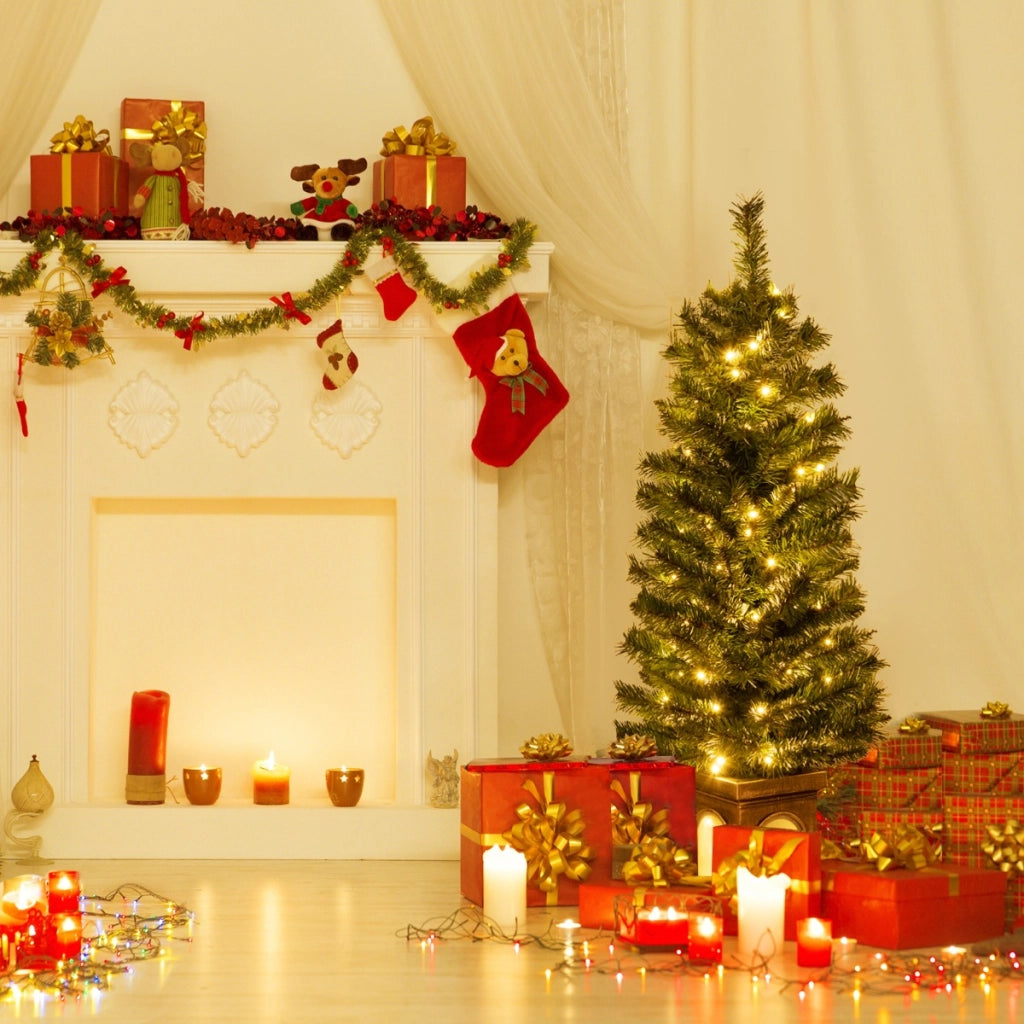 Albero di Natale finto pre-illuminato in vaso da 120cm, Albero d'ingresso artificiale con 100 luci LED timer-Alberi di Natale