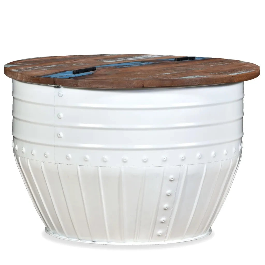 Tavolino da Caffè Legno Massello Riciclato Bianco Forma a Botte 245254