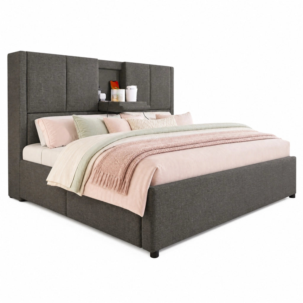 Letto imbottito 140x200 cm con contenitore, porta bicchieri nascosto e stazione di ricarica, grigio