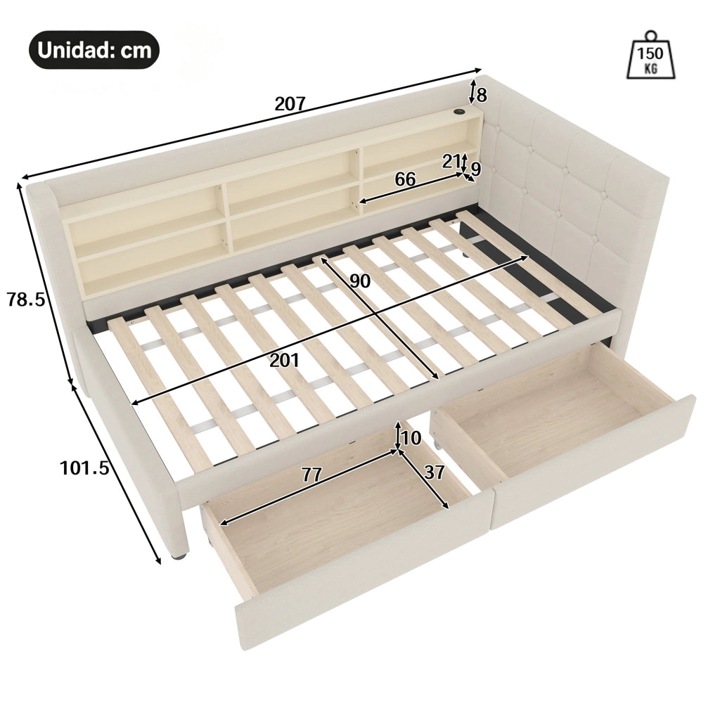 Letto singolo 90 ¡Á 200 cm con rete a doghe in lino beige due cassetti prese USB e Type C