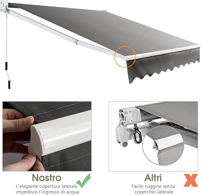 Tenda da Sole per Esterno Avvolgibile, Tenda da Sole a Bracci Estensibili con Telaio in Alluminio e Tettuccio Resistente al Sole e Impermeabile e Manovella (Grigio, 245 x 200 cm)