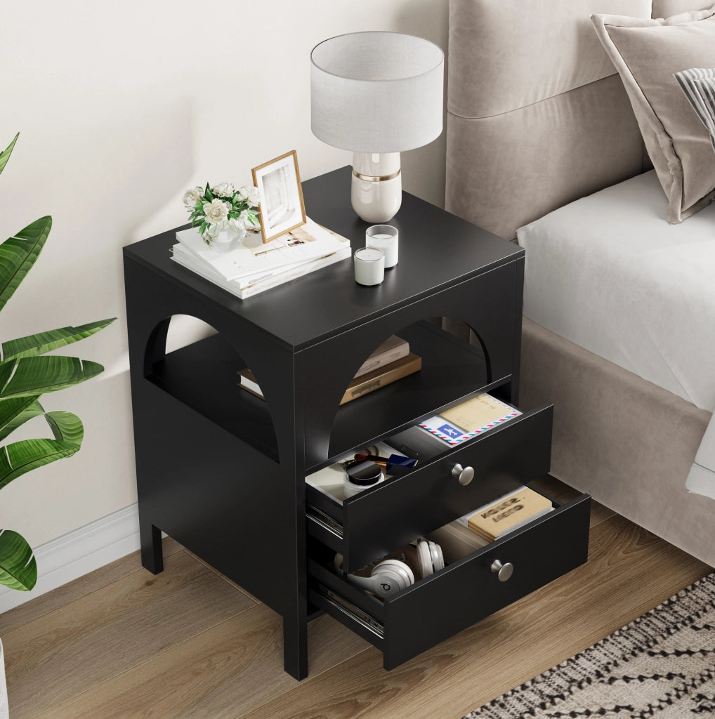 Comodino nero moderno con 2 cassetti e 1 vano aperto, 45 x 40 x 58 cm
