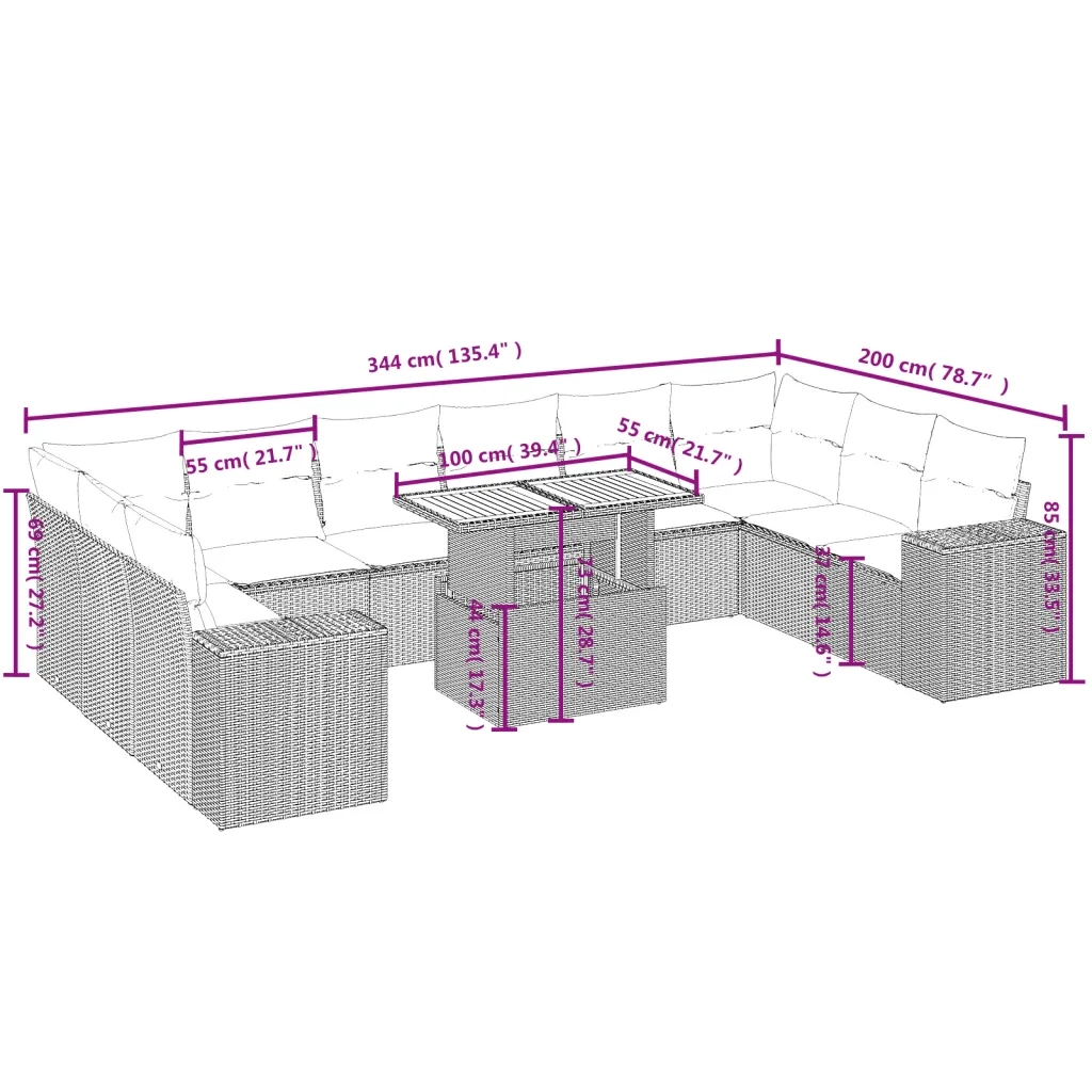 Set Divani da Giardino 11 pz con Cuscini in Polyrattan Grigio