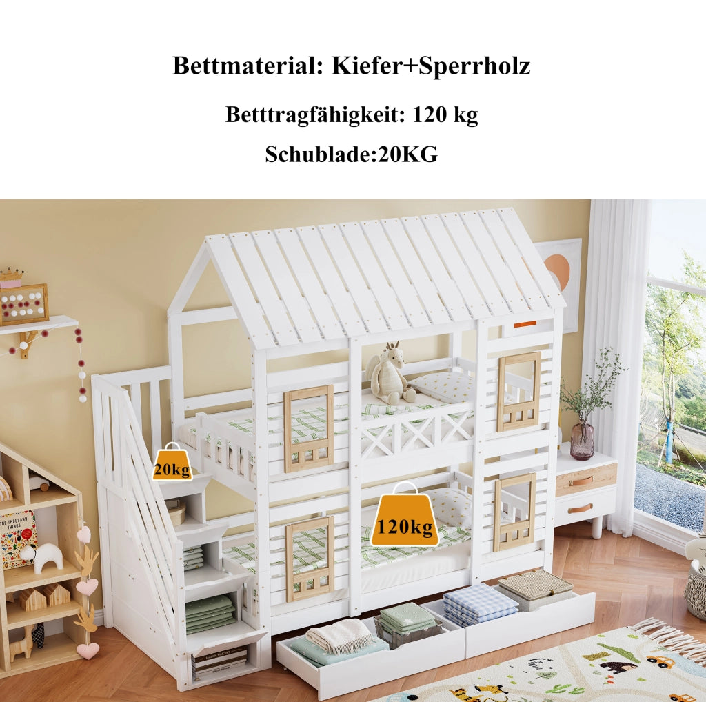 Letto a castello per bambini con finestre, scala contenitore e cassetti