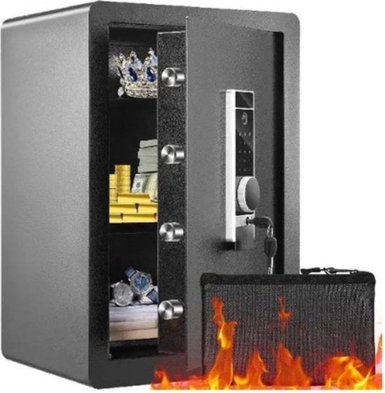 Cassaforte Premium - Cassaforte elettronica - Con password, chiave e riconoscimento d'impronta - Inclusa borsa di sicurezza antincendio - L40x33xH60cm - Piastra rimovibile - Con allarme - Cassaforte