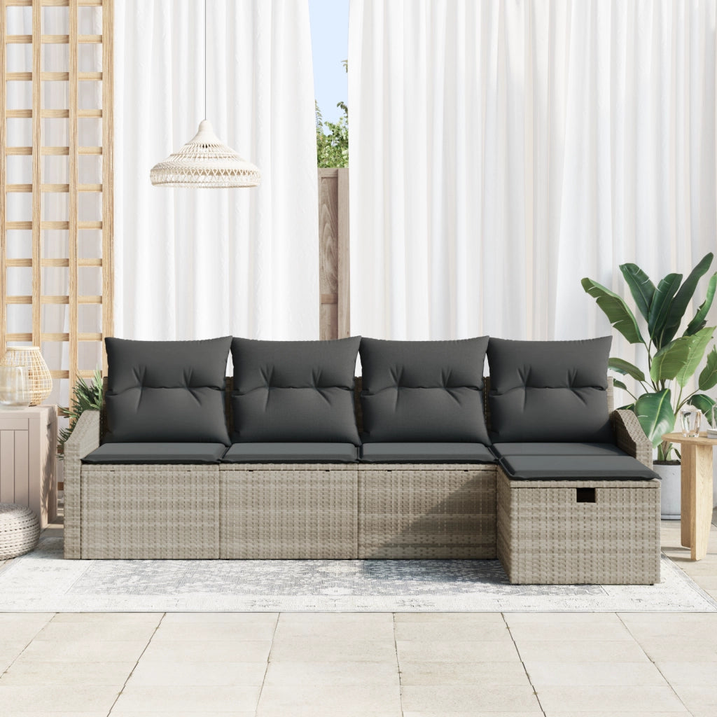 Set di divani da giardino a 5 pezzi con cuscini grigio chiaro in polirattan