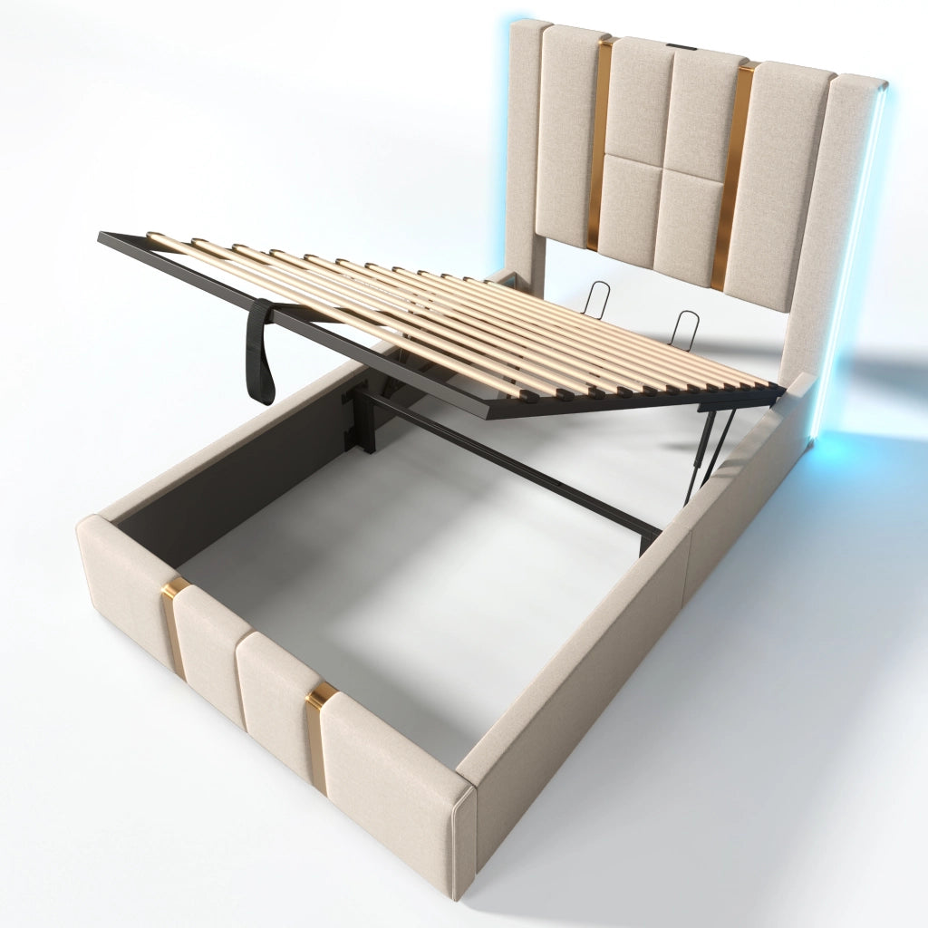 Letto imbottito singolo 90x200 cm con contenitore; LED; USB C e lino beige