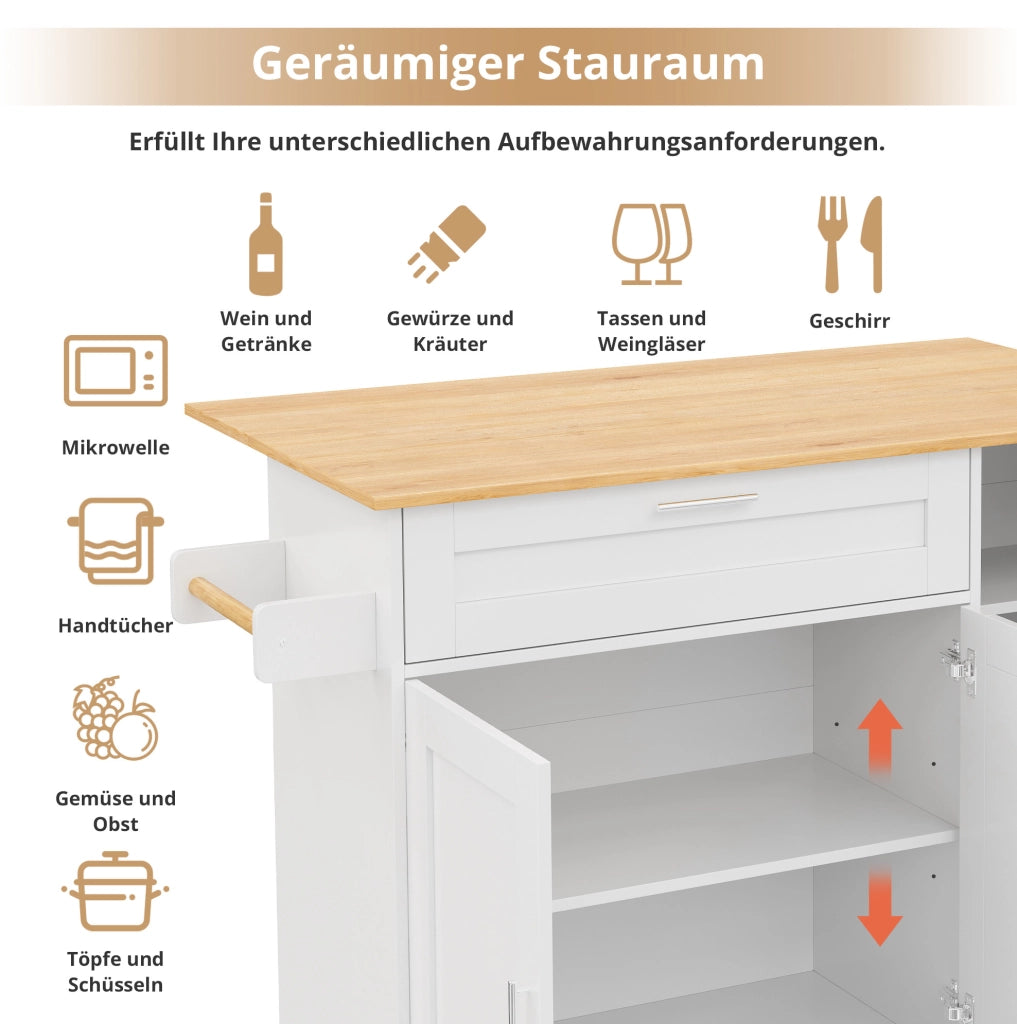 Carrello cucina con piano ribaltabile 132;5x44(70)x90 cm in MDF bianco naturale