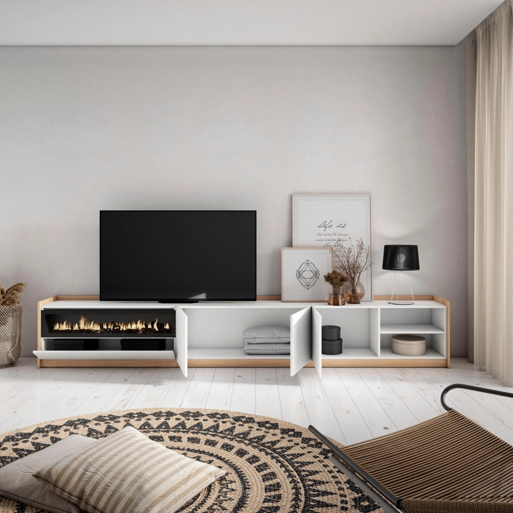 Mobile TV Soggiorno, 310x50x37 cm, Per TV fino a 80", Camino elettrico, Bianco e Rovere soft