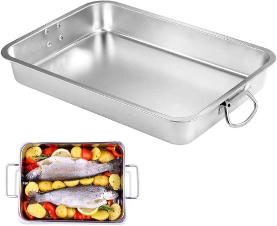 Squadra plus - Scheda per forno rettangolare con maniglie e piatto per forno - Dimensione grande 40 x 30 cm - Acciaio inossidabile - Resistente a forno, griglia e lavastoviglie - Forma per forno resistenti al calore - Colore argento.