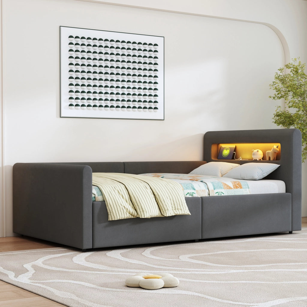 Letto imbottito bambini 90x200 cm in velluto grigio con LED; USB e contenitore