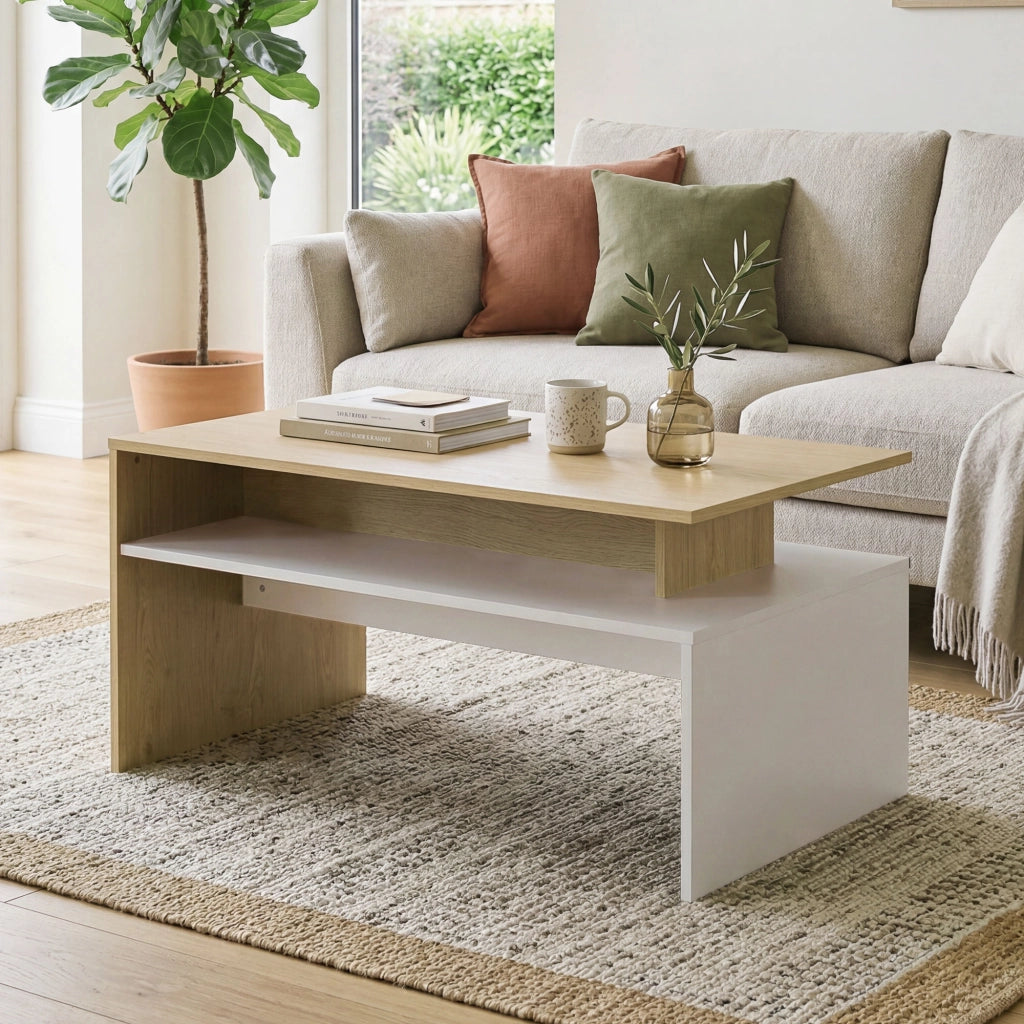Tavolino da caff¨¨ con cassetto ¨C Zephmum ¨C 95x55x50 cm, naturale e bianco