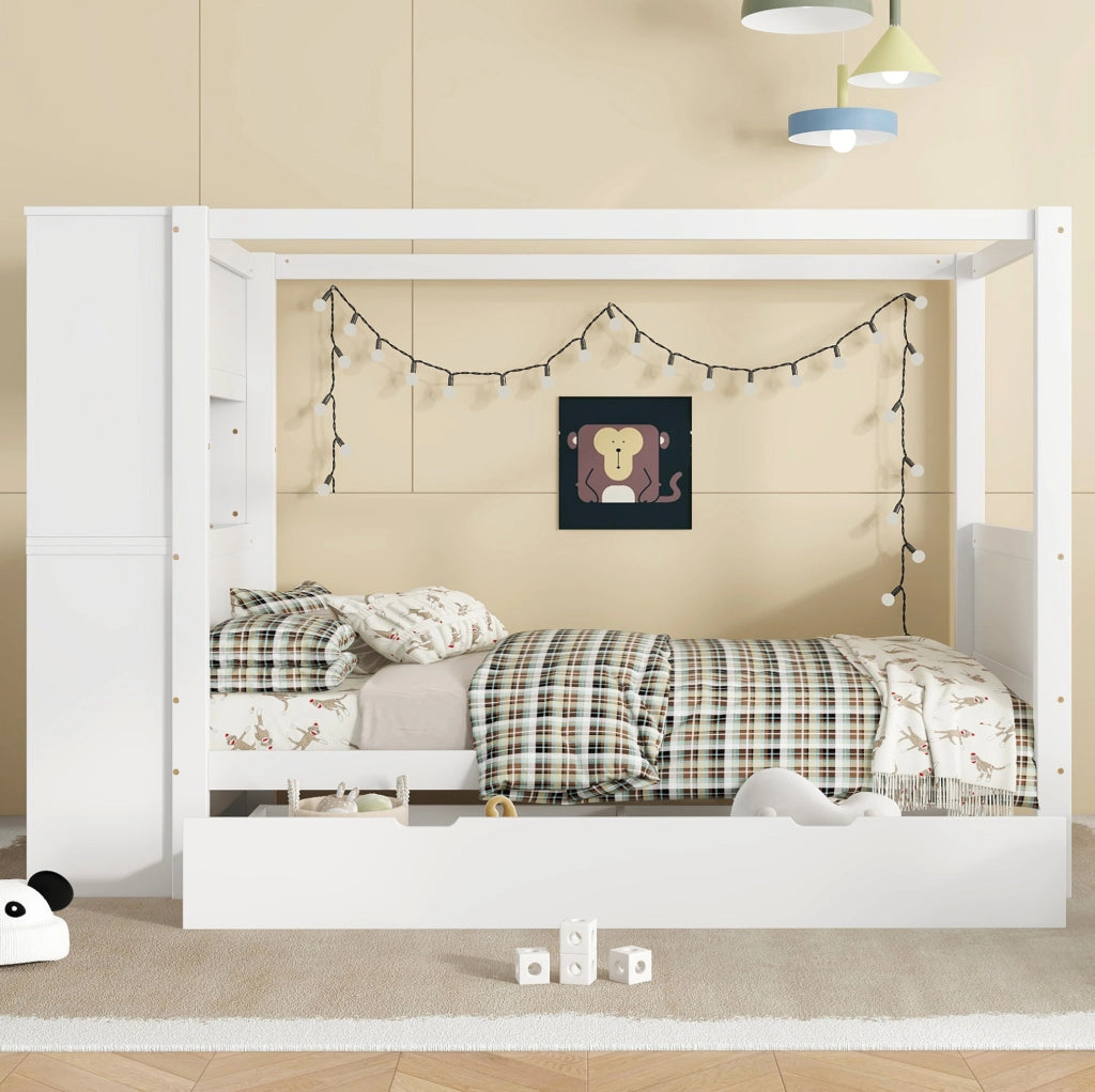 Letto singolo per bambini 90x200 cm con contenitore, bianco