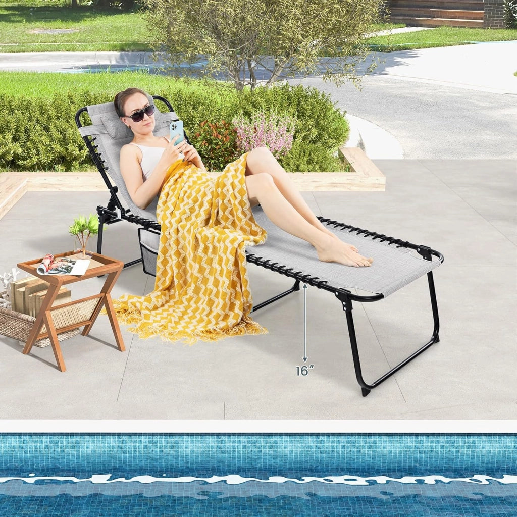 Lettino Prendisole da Giardino Pieghevole, Struttura in Acciaio, Sdraio Mare Regolabile in 4 Livelli con Poggiatesta, Tasca Laterale, Lettino da Spiaggia, Piscina, Portato 150 kg (1, Grigio)