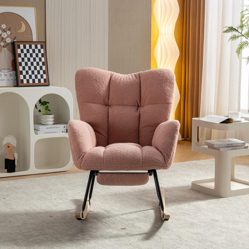 Sedia a Dondolo con Poggiapiedi Pieghevole; Schienale Alto Ergonomico e Braccioli Imbottiti; in Teddy Rosa