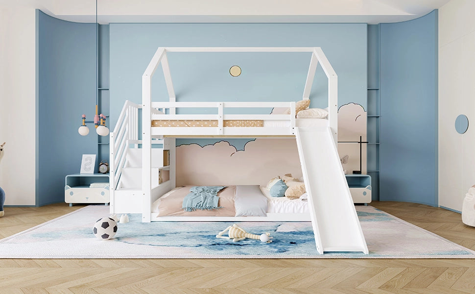 DESMIU Letto a castello casetta 140 × 200 cm 2 posti con scivolo, vano, senza materasso, bianco