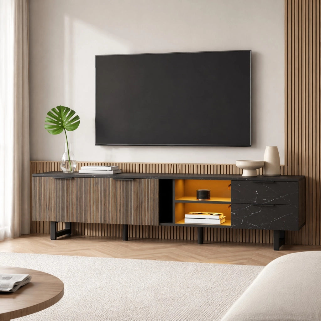 Mobile TV 200 cm in MDF nero effetto marmo; LED multicolore tramite app; 2 ante e 2 cassetti