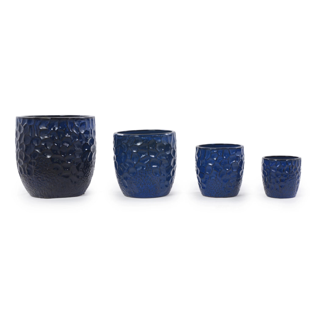 Fioriera in ceramica smaltata blu navy con rilievo martellato e foro di drenaggio Ø 30 cm