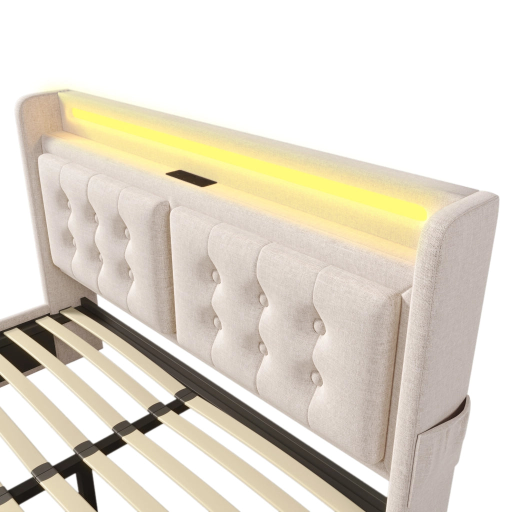 Letto matrimoniale imbottito 140x200 cm con LED; USB e 4 cassetti; beige