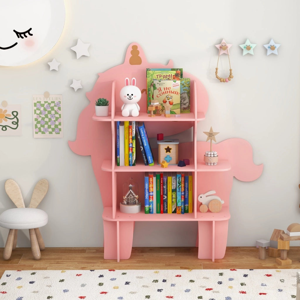 Libreria in legno per stanza dei bambini, Organizzatore di archiviazione giocattoli adorabile per sala giochi Rosa-Scaffalature