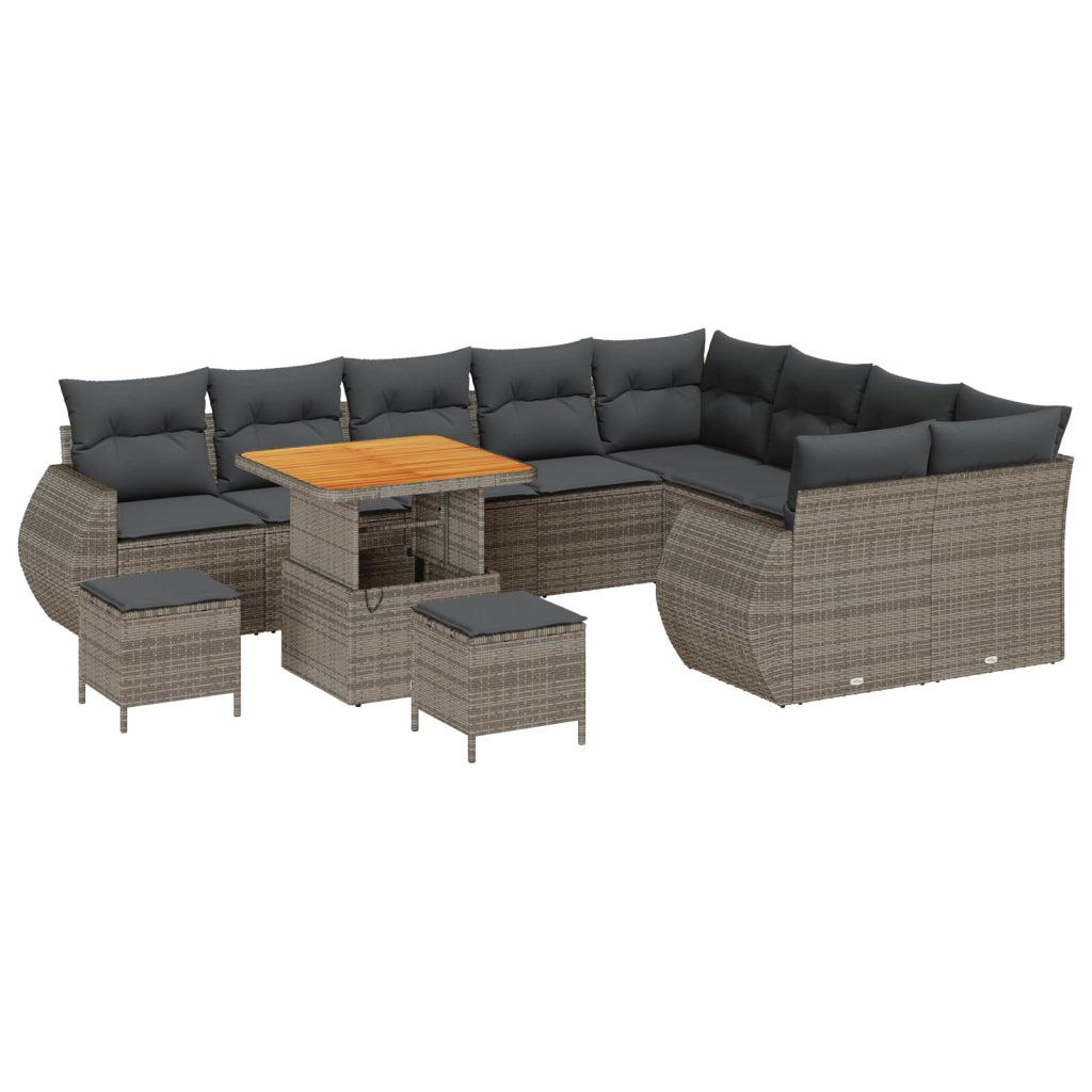 Set Divano da Giardino  12 Pezzi con Cuscini Grigio Rattan Poli Acacia