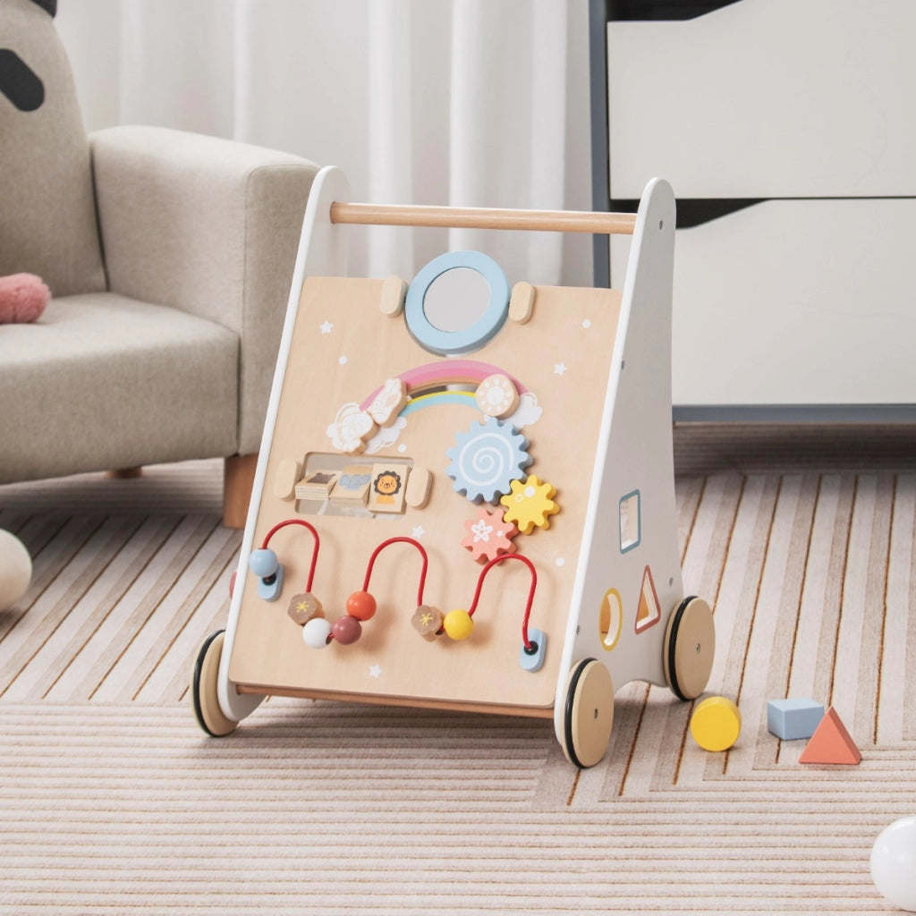 Carrello primi passi per bambini in legno 7 in 1, Primi passi per spingere e tirare con giochi educativi Bianco-Primi passi