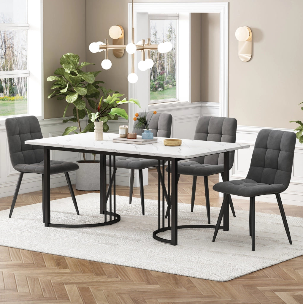 Set da pranzo 140x80 cm; 4 sedie in velluto; MDF; bianco