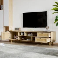 Mobile TV in Rattan Color Legno per TV fino a 70 Pollici con Gestione Cavi, 2 Cassetti e una porta, Quercia