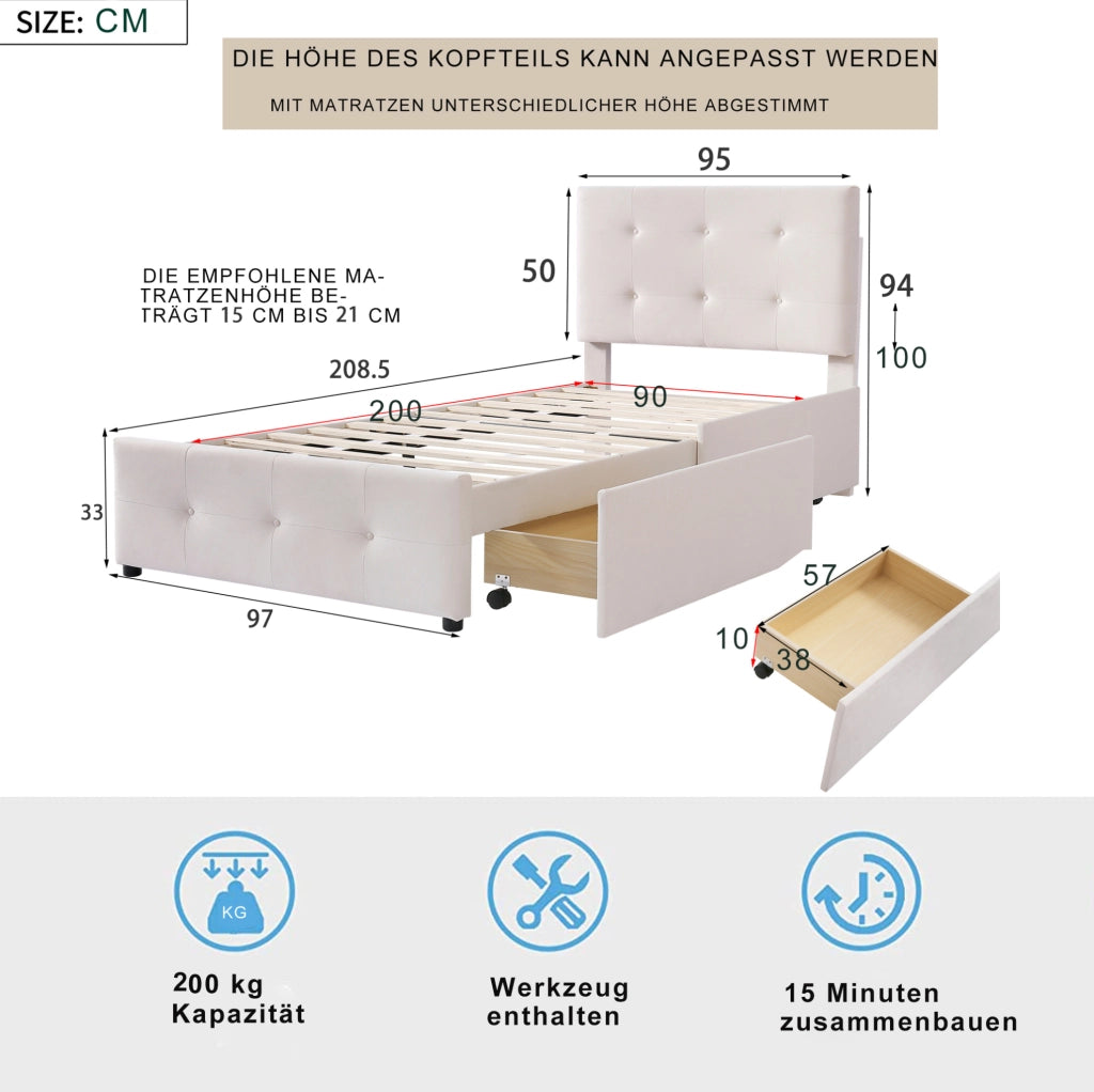 Letto imbottito 90x200 cm con rete a doghe e cassetto contenitore; velluto beige